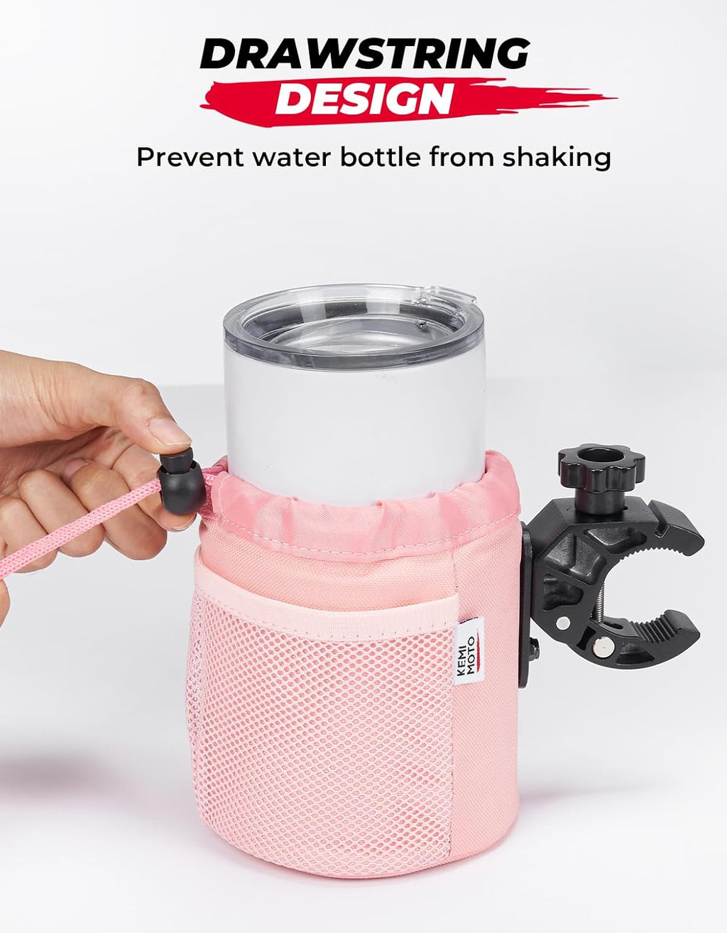 kemimoto Motorcycle Cup Holder, Oxford Fabric Motorcycle Drink Holder with 0.6"-1.75" Alligator Clamp, Universal Water Bottle Holder for Motorcycle, ATV, Scooter, Boat, Kayak, Bike, Walker, Pink