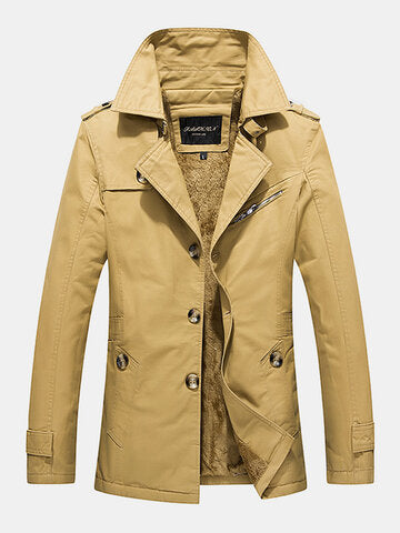 mens cotton thick plush lined button front lapel warm overcoats with pocket