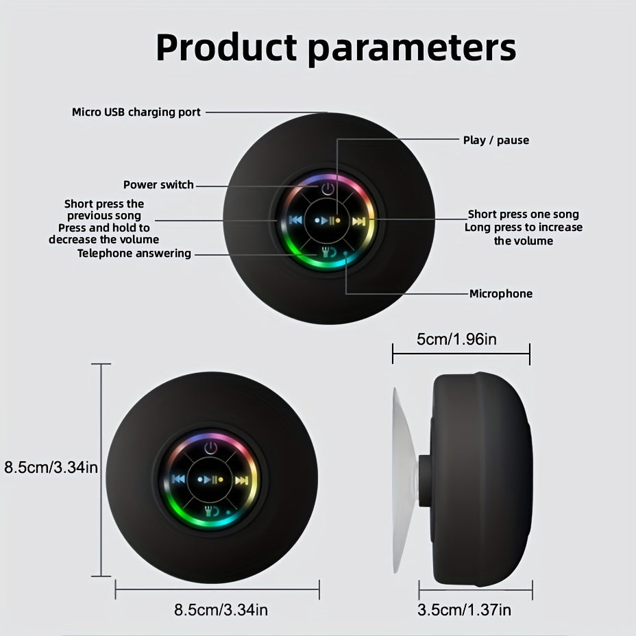 Shower Speaker, Portable Wireless Speaker With Suction Cup, USB Rechargeable Black Speaker With 2 Hours Play Time 3.7V/400mah Battery 5.0 Wireless Version Life For Parties, Bathroom, Travel, Home, And Outdoor (Suction Cups Must Be On A Smoo