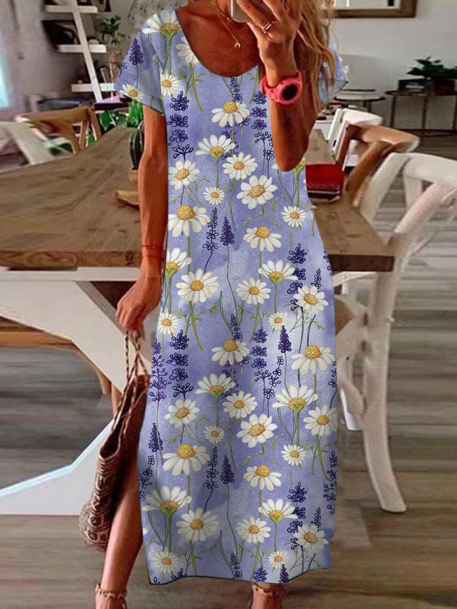 Loose Gradient Print Slit Short Sleeve Maxi Dress