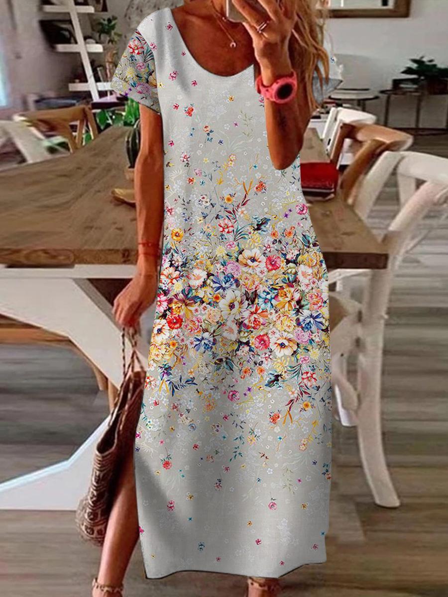 Loose Gradient Print Slit Short Sleeve Maxi Dress