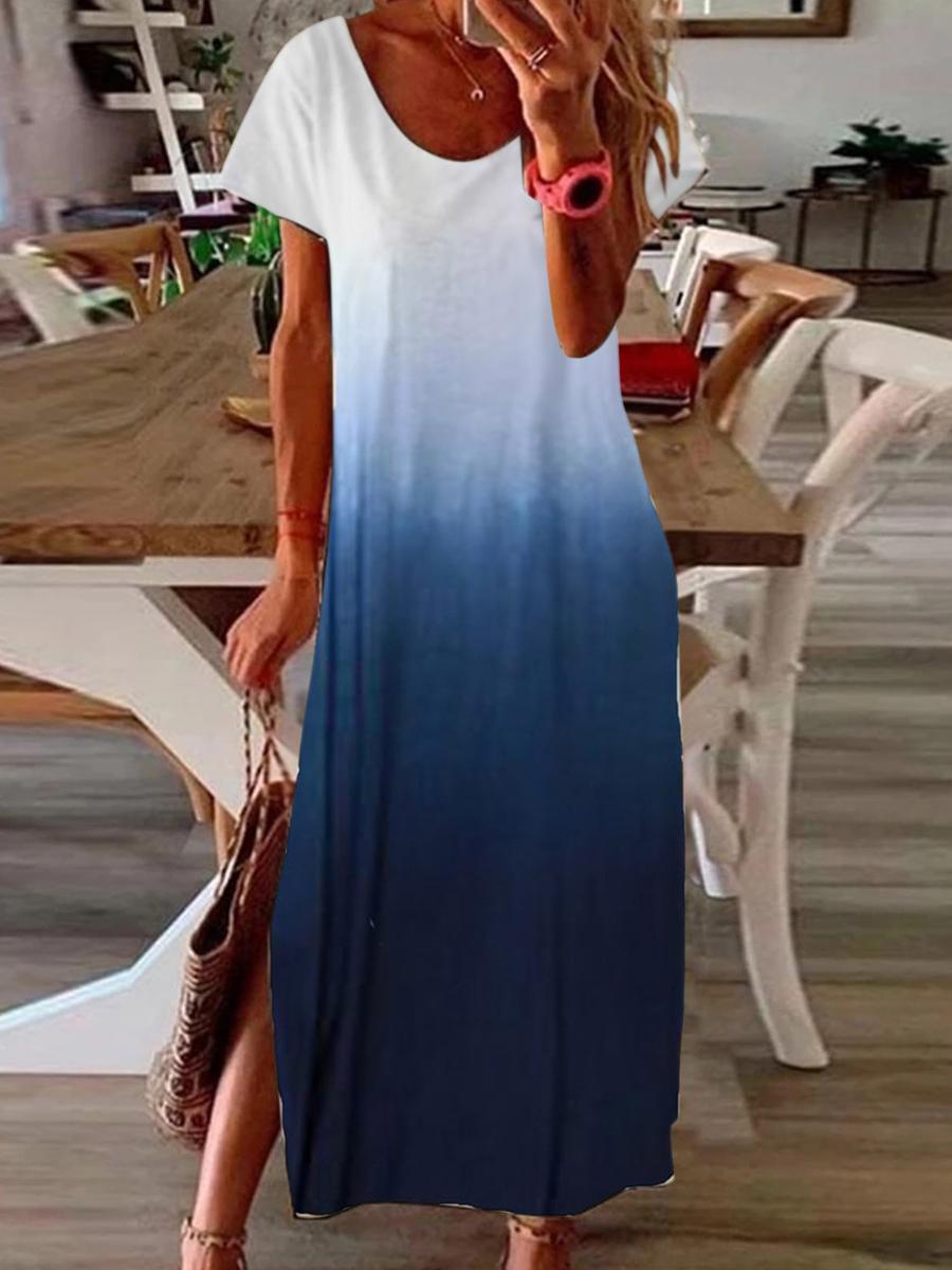 Loose Gradient Print Slit Short Sleeve Maxi Dress