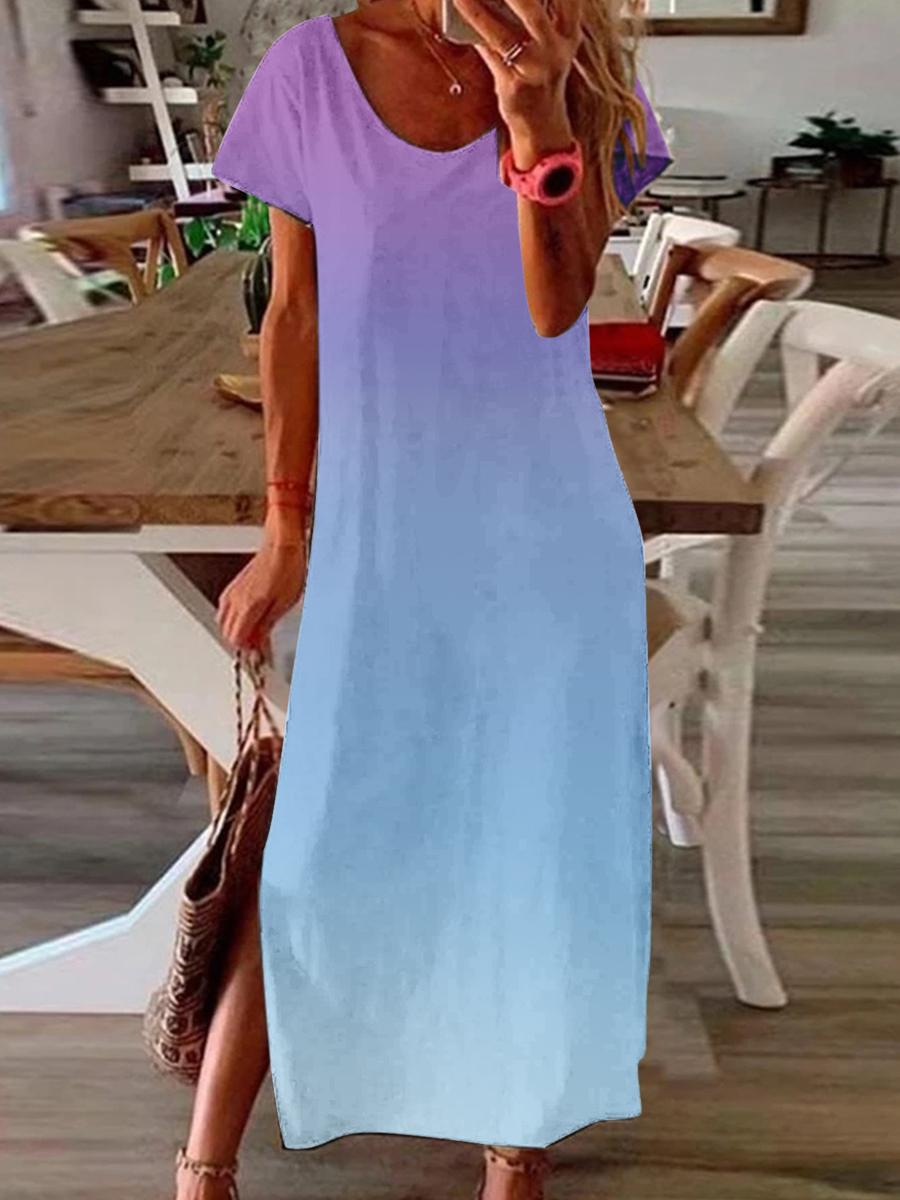 Loose Gradient Print Slit Short Sleeve Maxi Dress
