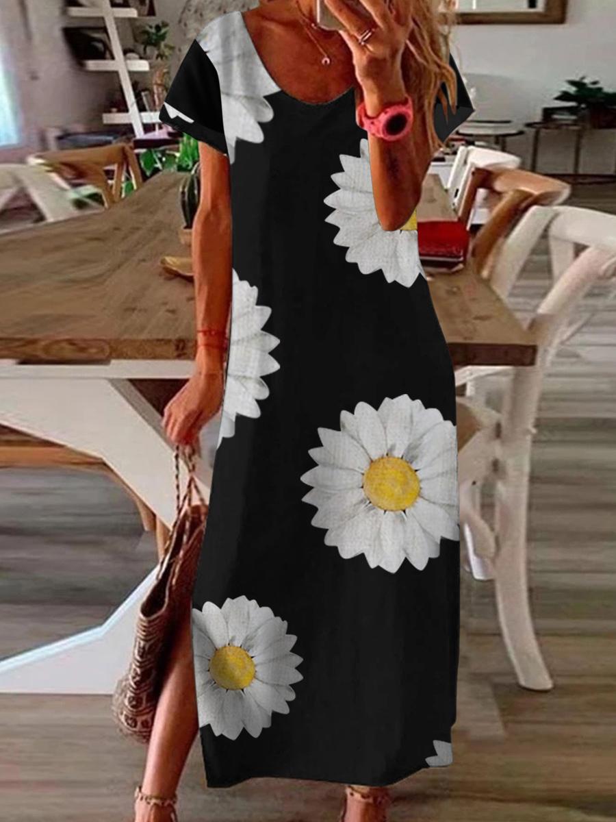 Loose Gradient Print Slit Short Sleeve Maxi Dress