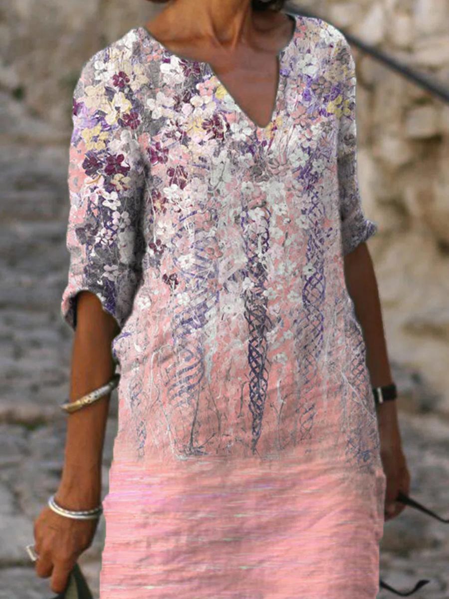 Ladies Casual V-neck Printed Shift Dress