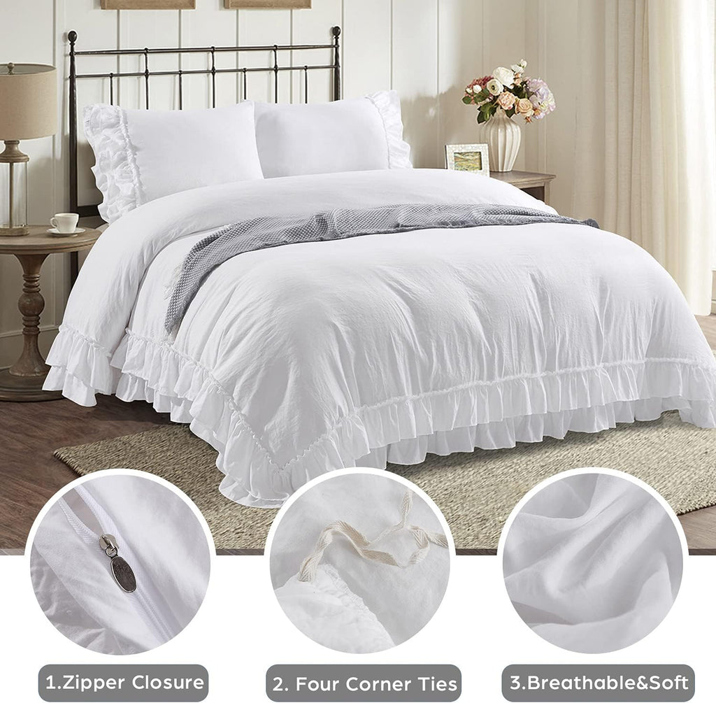 HIG 3 Piece Chic King Ruffle Duvet Cover Off - Handmade Rustic Ruffle - 100 Pre-Washed Microfiber Bedding Natural Wrinkle &amp; Breathable Zipper Closure &amp; Corner Ties (Hans), Hans-Off White