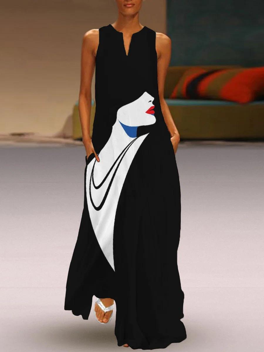 Ladies V-neck Art Print Fashion Maxi Dress