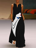 Ladies V-neck Art Print Fashion Maxi Dress