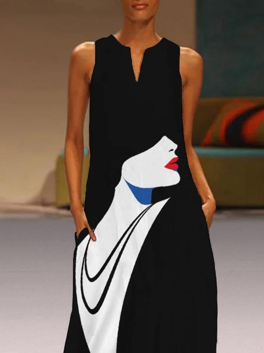 Ladies V-neck Art Print Fashion Maxi Dress