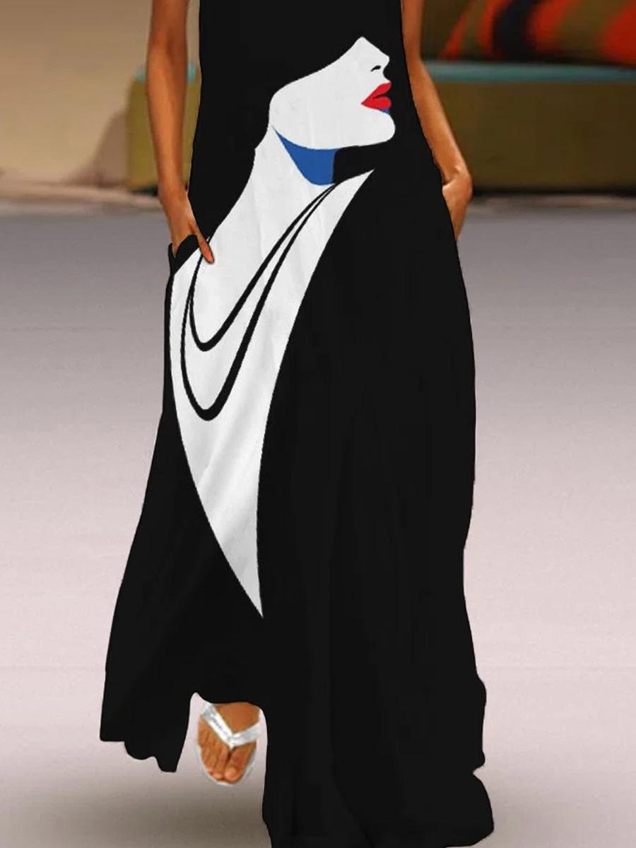 Ladies V-neck Art Print Fashion Maxi Dress
