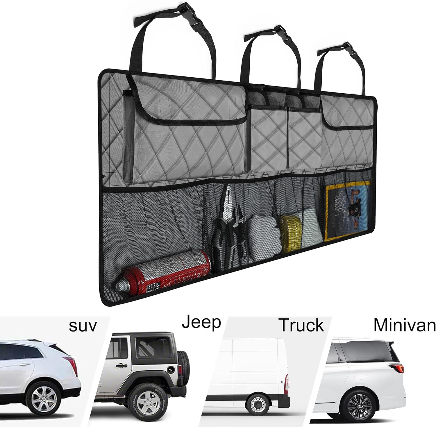 Femuar Car Trunk Organizer,Large Capacity Backseat Trunk Organizer(42"*18"),Collapsible Car Storage Bag with 8 Pocekt,Car Organizer for SUV/MPV/Truck - Grey