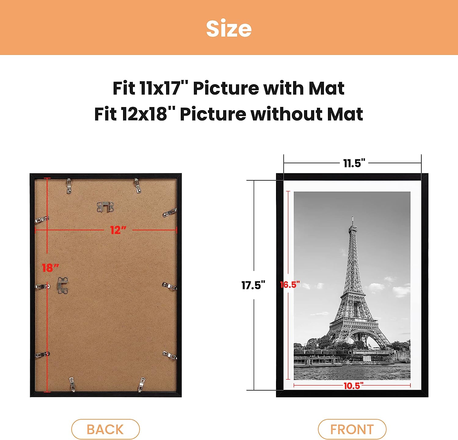 upsimples 12x18 Picture Frame Set of 5,Display Pictures 11x17 with Mat or 12x18 Without Mat, Wall Gallery Photo Frames,Black