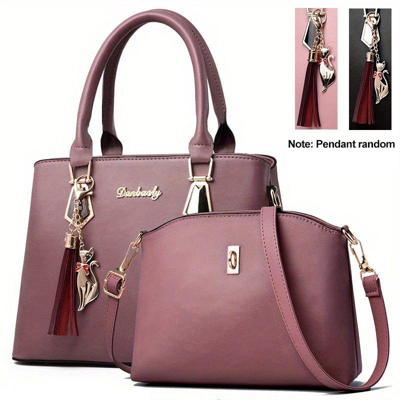 2pcs PU Leather Bag Set, Tassel Decor Handbag &amp; Crossbody Bag, Women's Office &amp; Work Purse