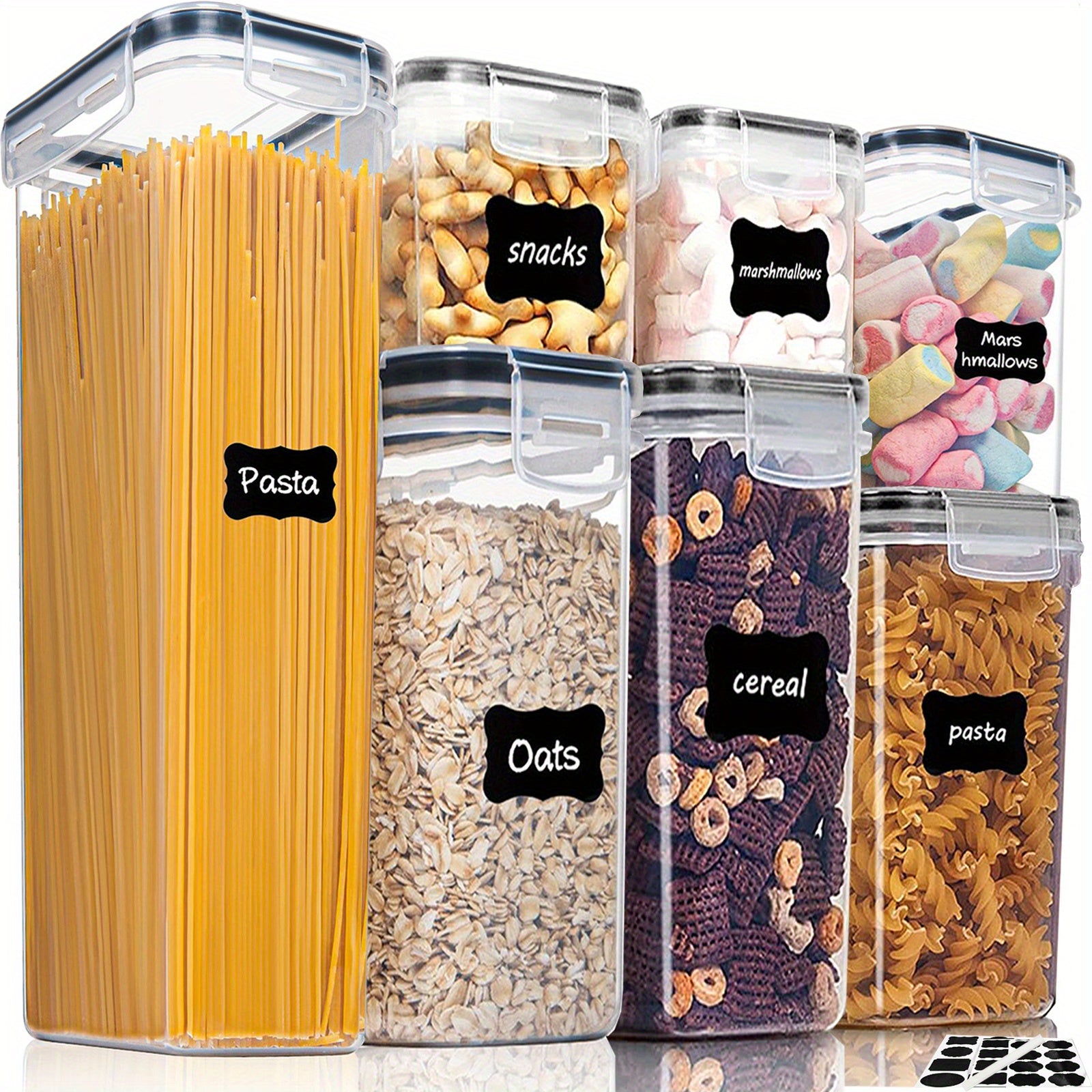 7pcs Airtight Food StoraContainers: BPA Plastic Canisters For Spaghetti, Dry Food, Flour &amp; Sugar - Includes Labels!