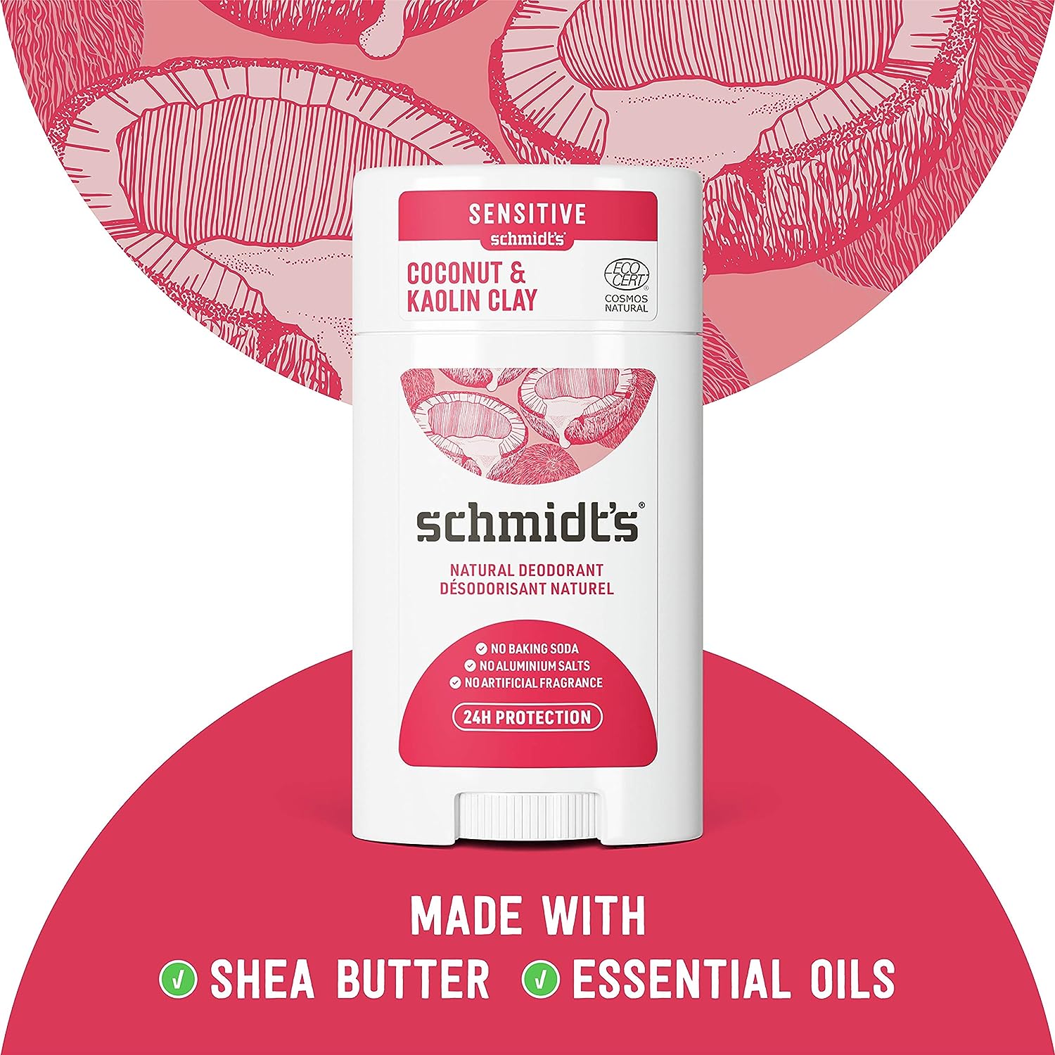 Schmidt's Aluminum Free Natural Deodorant For Women And Men, Coconut &amp; Kaolin Clay With 24 Hour Odor Protection, Certified Natural, Cruelty Free, Vegan Deodorant 2.65oz 2 Pack