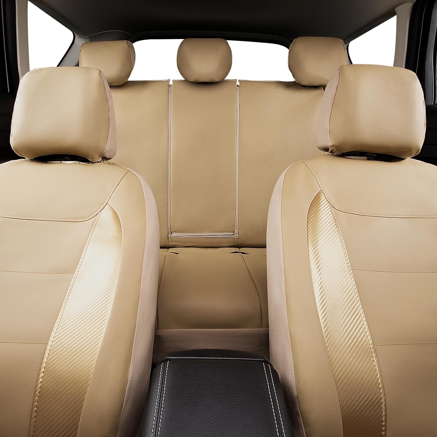 Flying Banner car seat Covers Protects Water Proof Faux Leather Carbon Fiber Front and Rear Bench (Gold Beige, Full Set)
