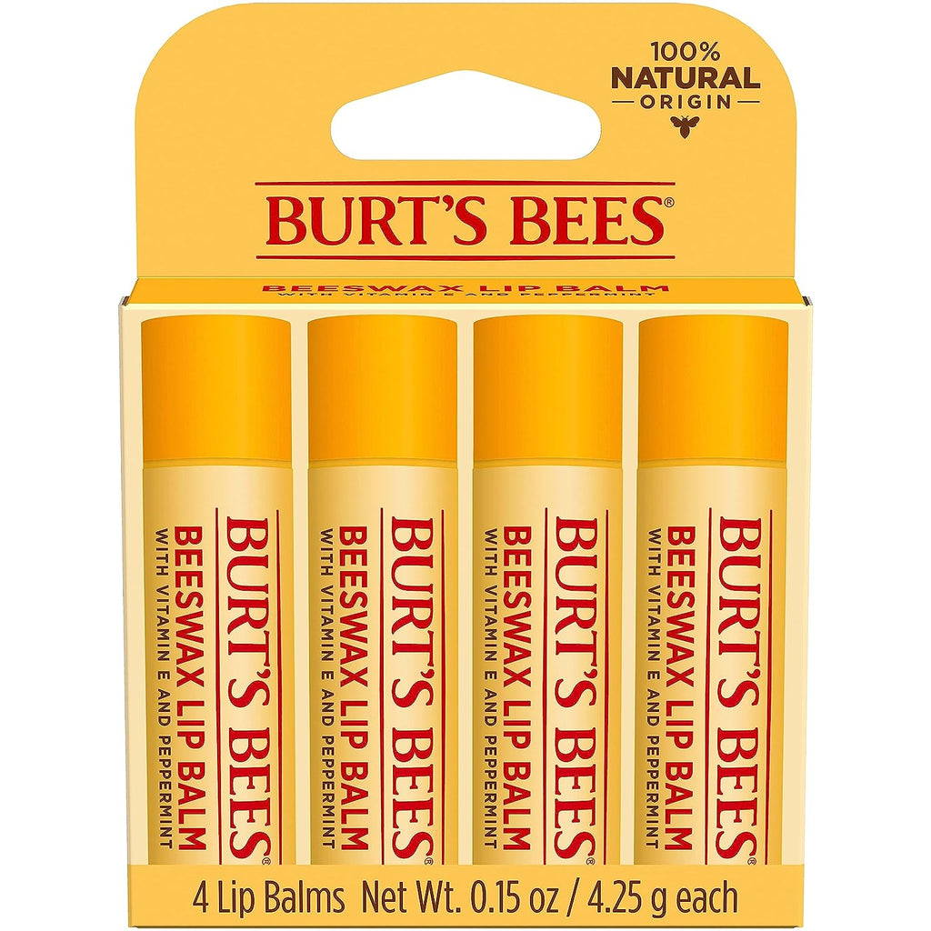 Burt's Bees Lip Balm, Moisturizing Lip Care, for All Day Hydration, 100% Natural, Original Beeswax with Vitamin E &amp; Peppermint Oil (4 Pack)