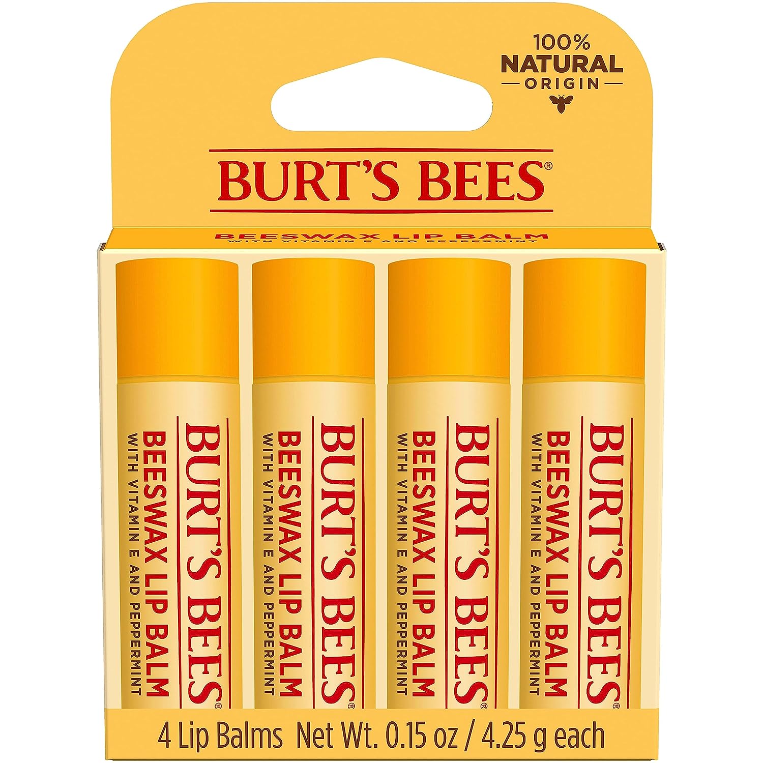 Burt's Bees Lip Balm, Moisturizing Lip Care, for All Day Hydration, 100% Natural, Original Beeswax with Vitamin E &amp; Peppermint Oil (4 Pack)