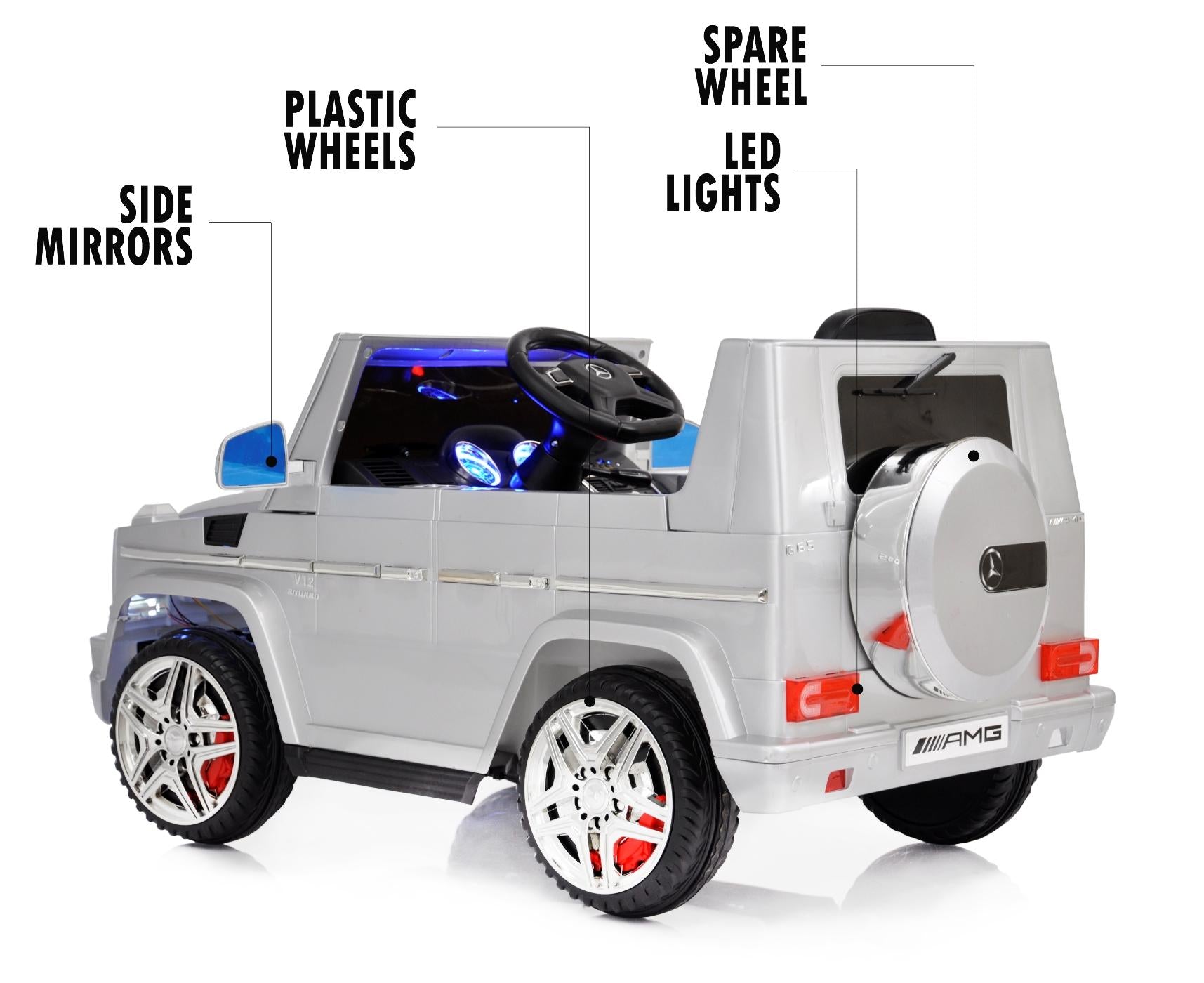 12V powered Mercedes AMG G65 Ride on electric car For Kids with Remote Control LED lights MP3 Leather Seat - Silver
