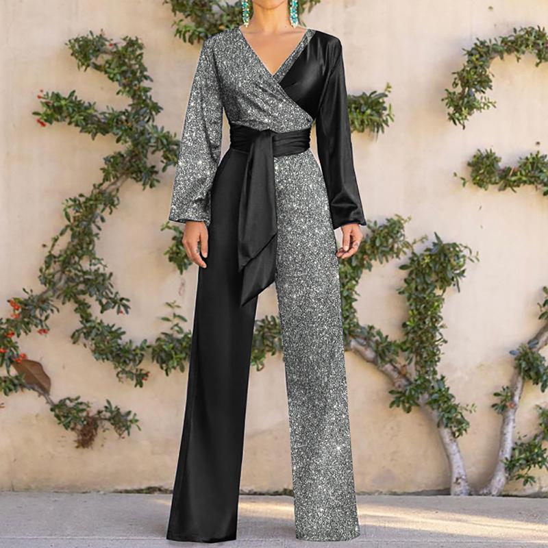 Elegant Women's Flash Fabric Splicing Jumpsuit
