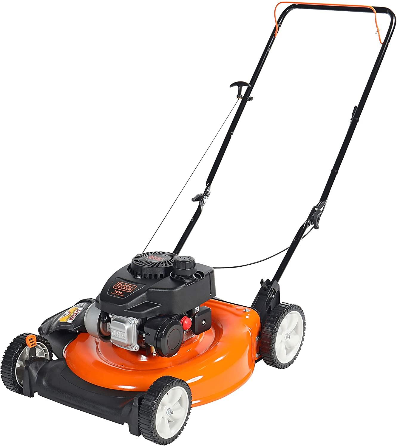 BLACK+DECKER 140cc OHV 21-Inch 2-in-1 Walk-Behind Push Gas Powered Lawn Mower - Perfect for Small to Medium Sized Yards - Side Discharge and Mulching Capabilities, Black and Orange
