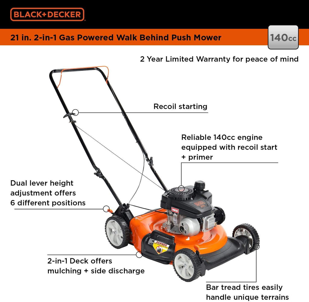 BLACK+DECKER 140cc OHV 21-Inch 2-in-1 Walk-Behind Push Gas Powered Lawn Mower - Perfect for Small to Medium Sized Yards - Side Discharge and Mulching Capabilities, Black and Orange