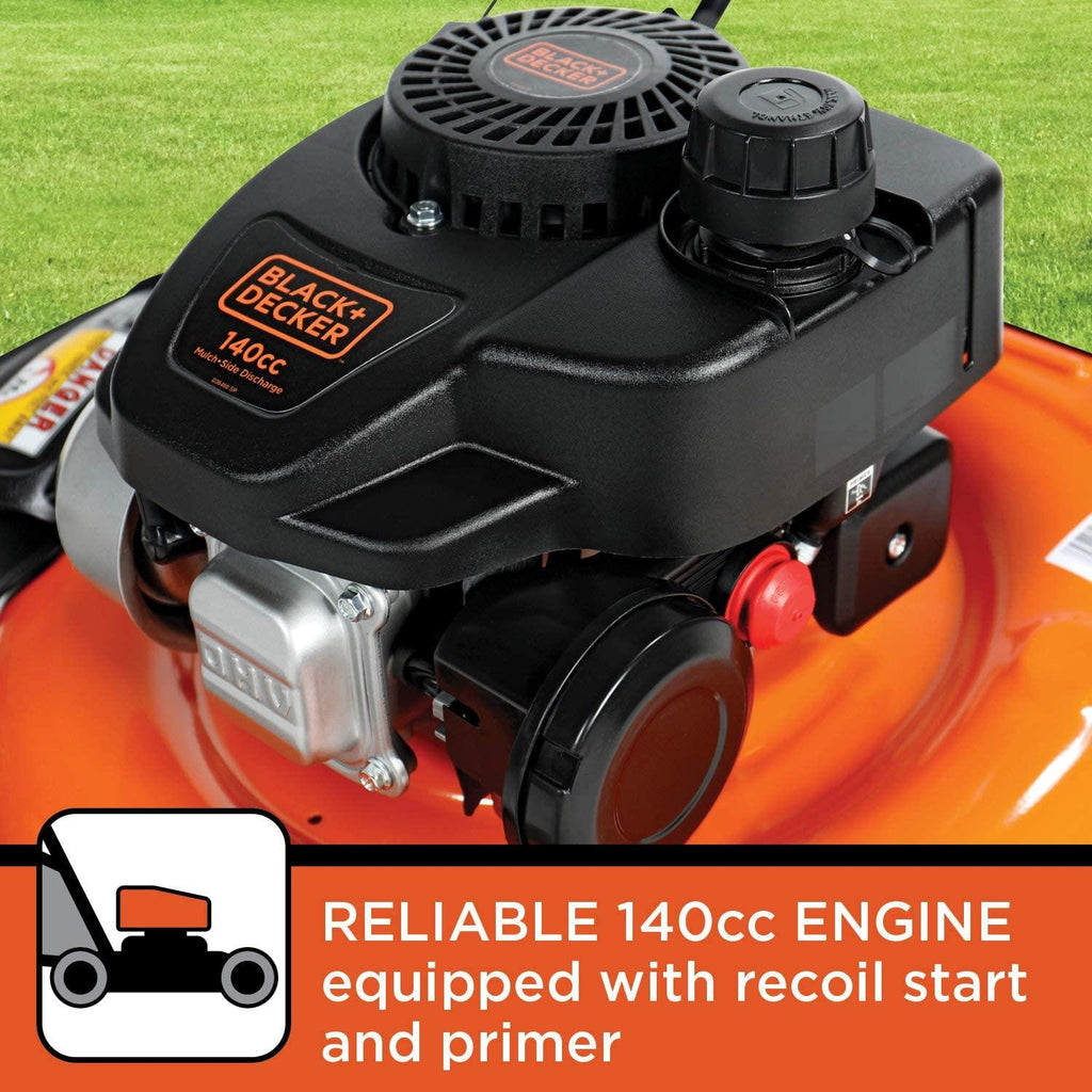 BLACK+DECKER 140cc OHV 21-Inch 2-in-1 Walk-Behind Push Gas Powered Lawn Mower - Perfect for Small to Medium Sized Yards - Side Discharge and Mulching Capabilities, Black and Orange