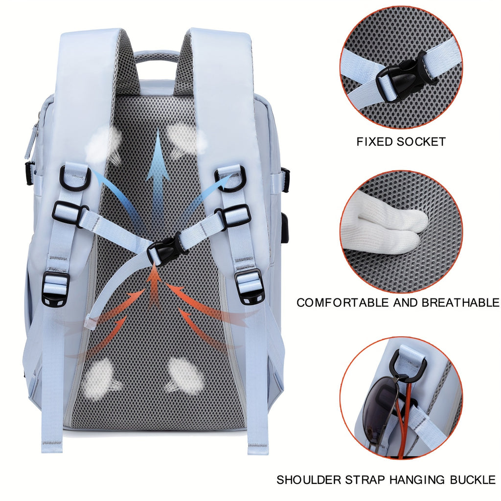 LarCapacity Travel Backpack With Shoe Compartment, Dacron Lightweight Laptop Daypack With Charging Port, Fashion Travel Commuter Bag