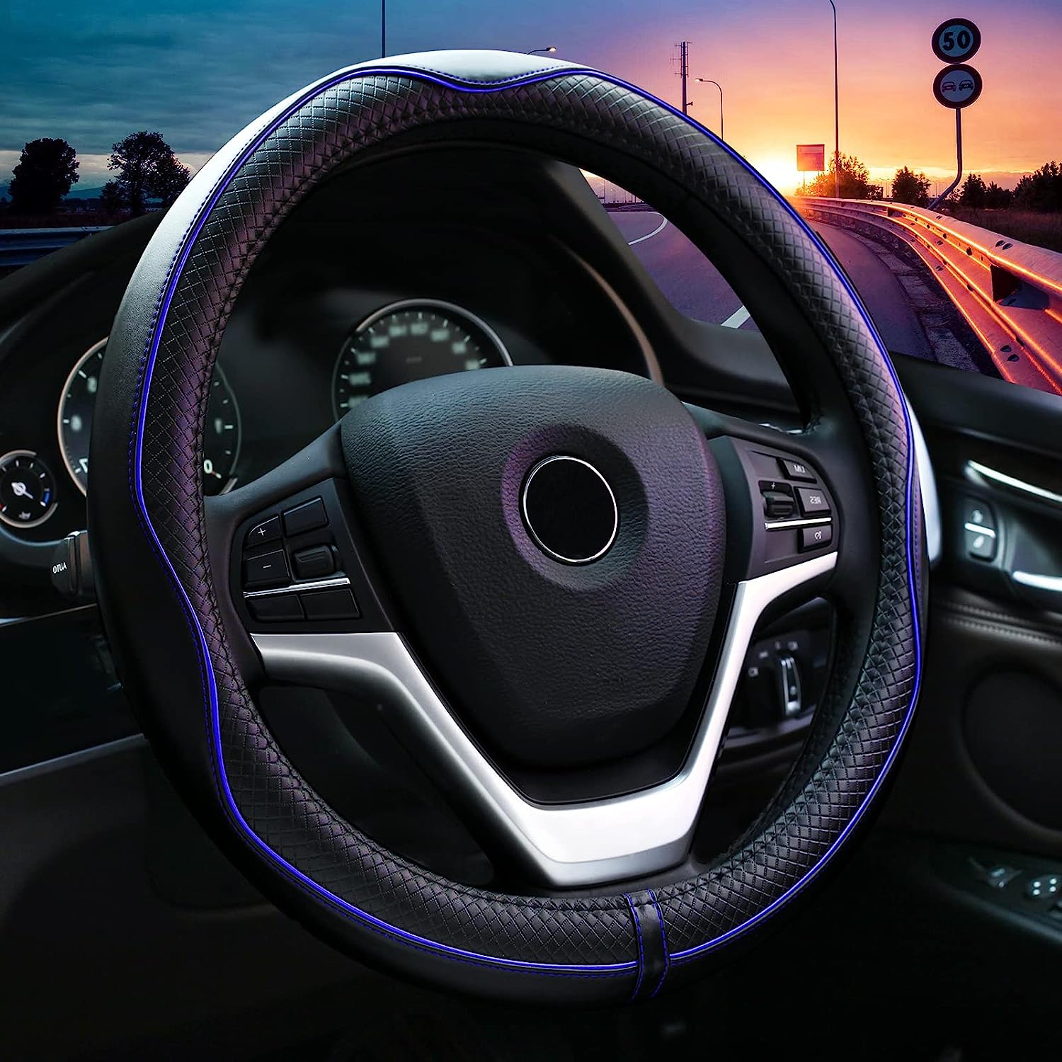 Valleycomfy Steering Wheel Covers Universal 15 inch - Genuine Leather, Breathable, Anti Slip &amp; Odor (Black with Blue Lines, M(14" 1/2-15" 1/4))