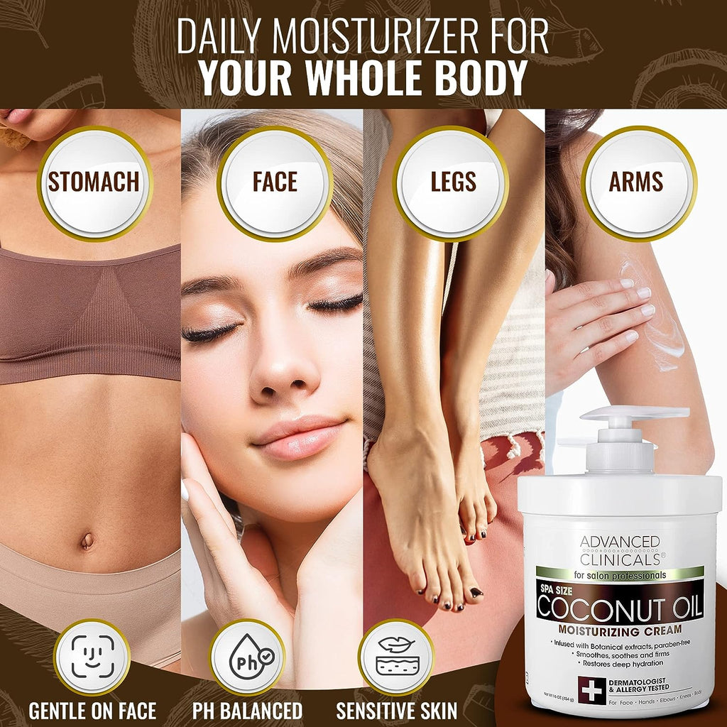 Advanced Clinicals Coconut Body Lotion Moisturizing Cream &amp; Face Lotion For Women &amp; Men | Coconut Lotion | Natural Coconut Oil Cream Skin Care Moisturizer Body Butter Balm For Dry Skin, 16Oz, 2-Pack