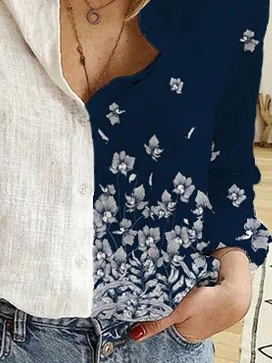 Floral Print Stitching Loose Long-sleeved Blouse