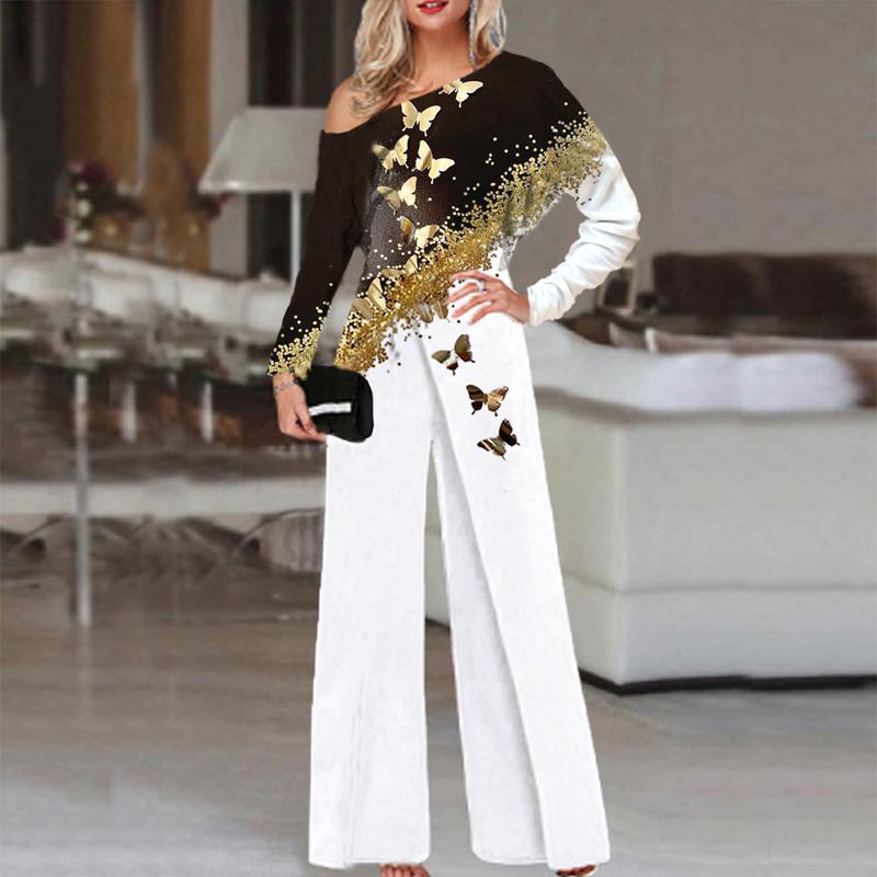 Fashion Butterfly Art Print Off-shoulder Long Sleeve Jumpsuit Women