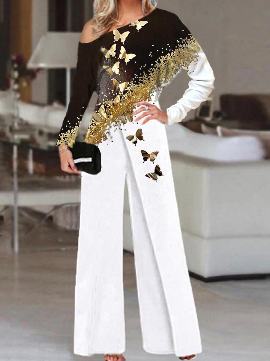 Fashion Butterfly Art Print Off-shoulder Long Sleeve Jumpsuit Women