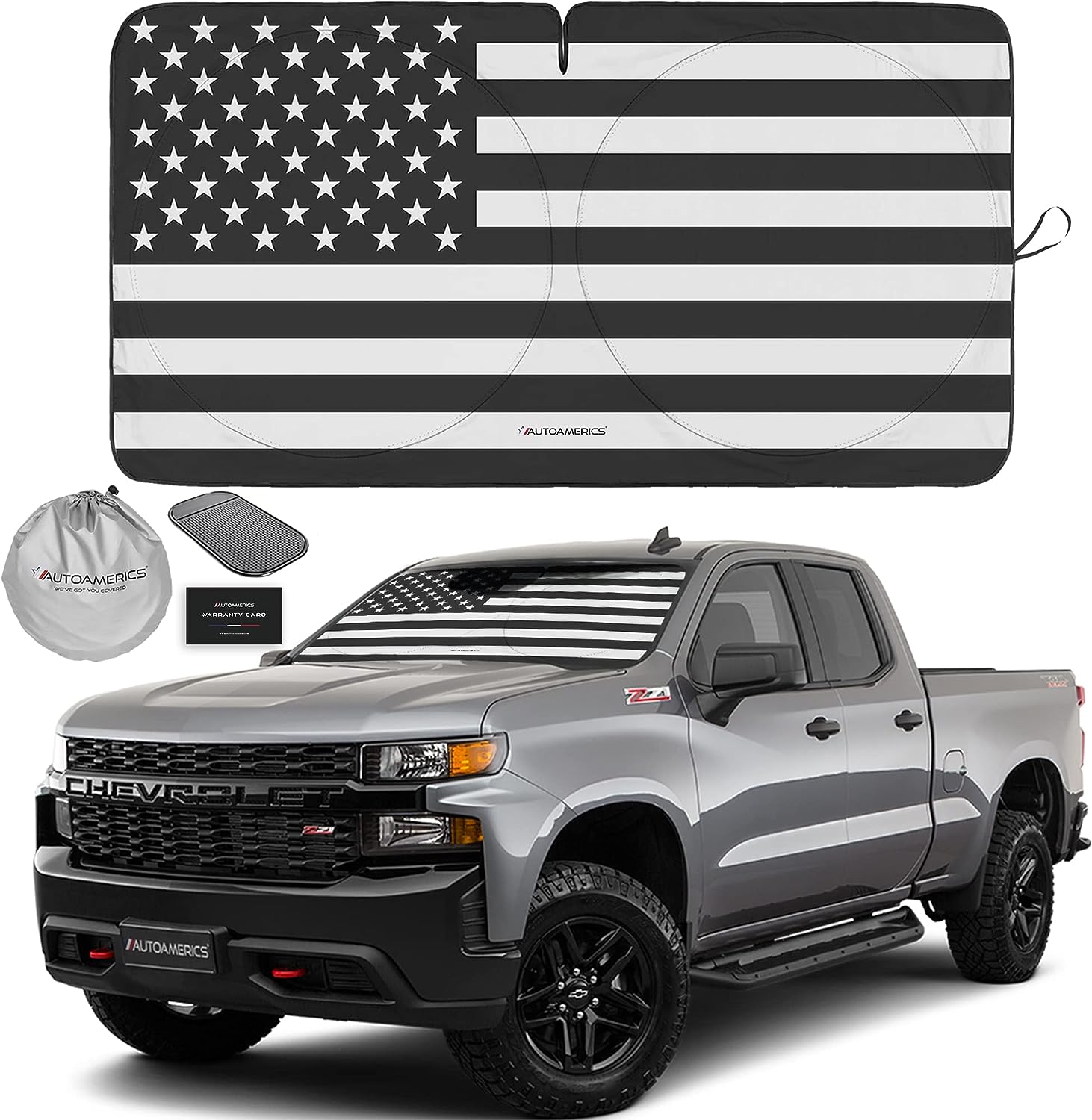 Autoamerics 1-Piece Windshield Sun Shade B&amp;W American Flag USA Patriotic  - Foldable Car Fits Easily to SUV &amp; Truck vehicles UV Ray Blocker Keeps Your Vehicle Cool Large