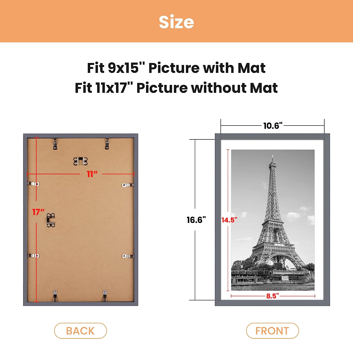 upsimples 11x17 Picture Frame Set of 5, Display Pictures 9x15 with Mat or 11x17 Without Mat, Wall Gallery Photo Frames, Dark Gray