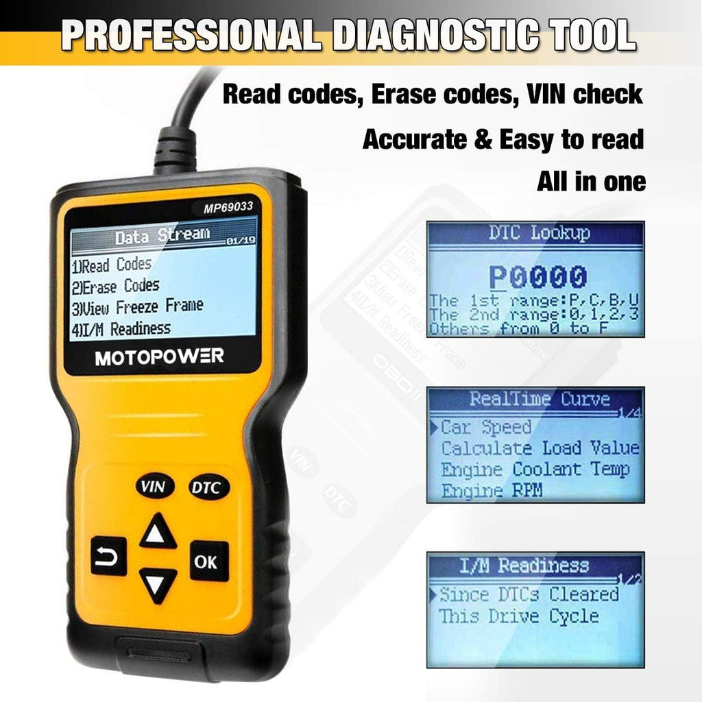 MOTOPOWER MP69033 Car OBD2 Scanner Code Reader Engine Fault Code Reader Scanner CAN Diagnostic Scan Tool for All OBD II Protocol Cars Since 1996, Yellow