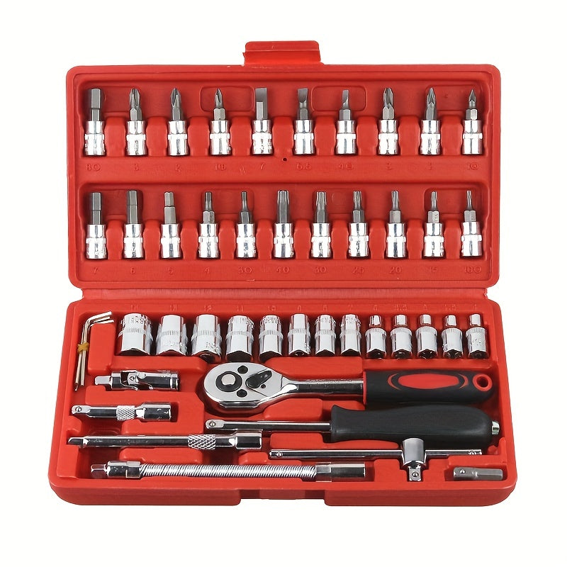 46pcs Car Repair Tool Kit: Ratchet Torque Wrench, Spanner, Screwdriver, Socket Set Combo - Perfect For Bicycle &amp; Auto Repairing!