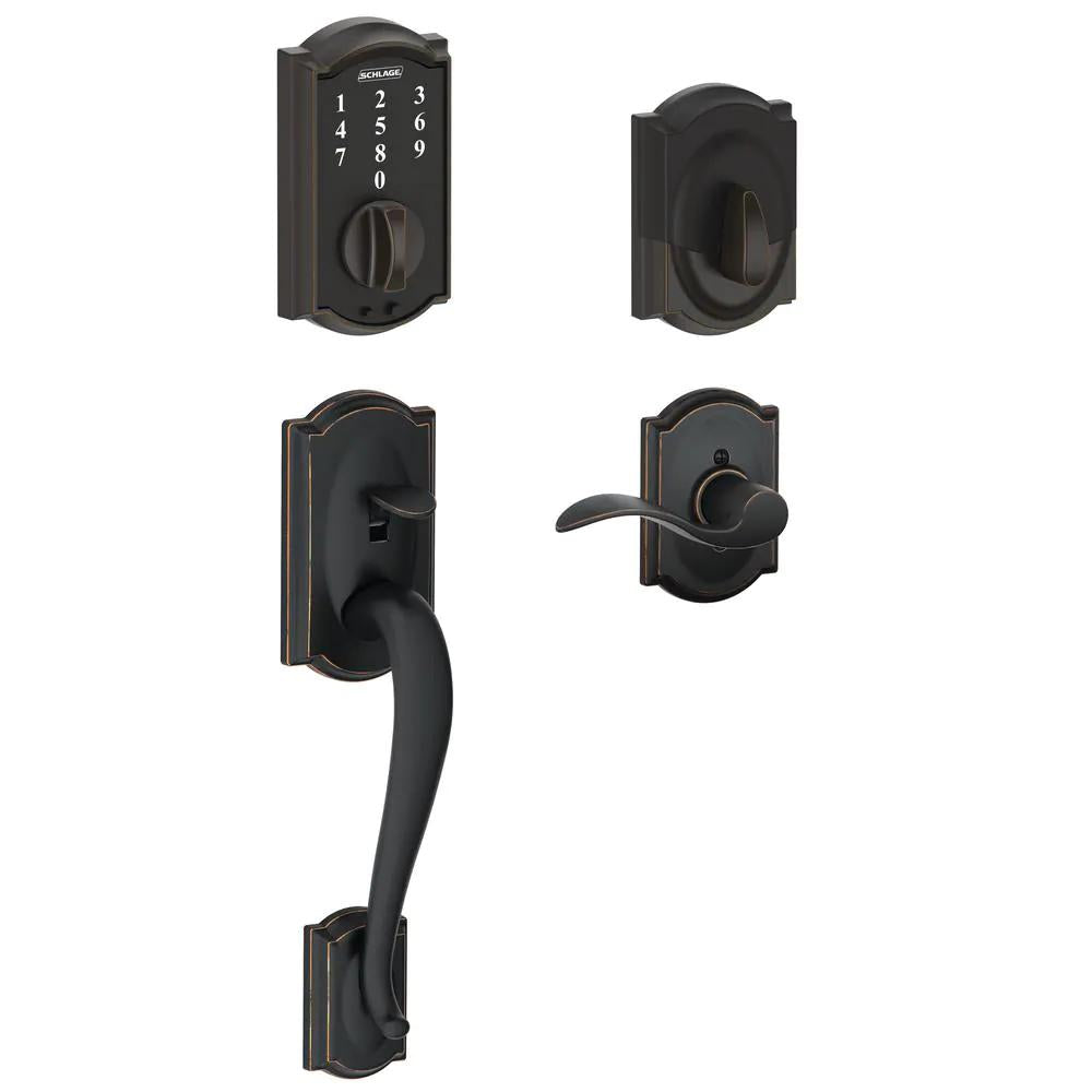 Camelot Aged Bronze Touch Electronic Deadbolt and Front Entry Door Handle with Accent Door Lever