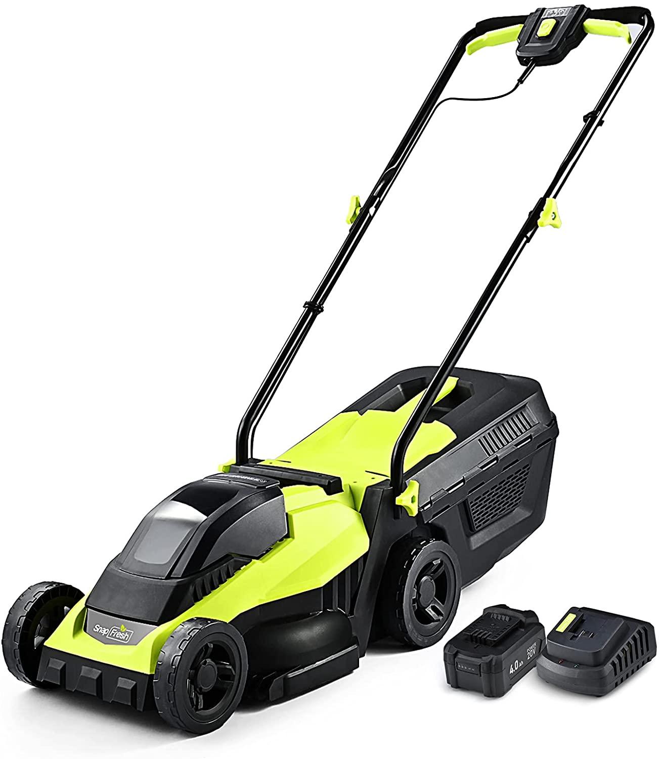 SnapFresh Cordless Lawn Mower, 14 Inch Electric Lawn Mower with Brushless Motor, 20v 4.0ah Battery and Charger, with 2-in-1 Grass Bag, Push Lawn Mower