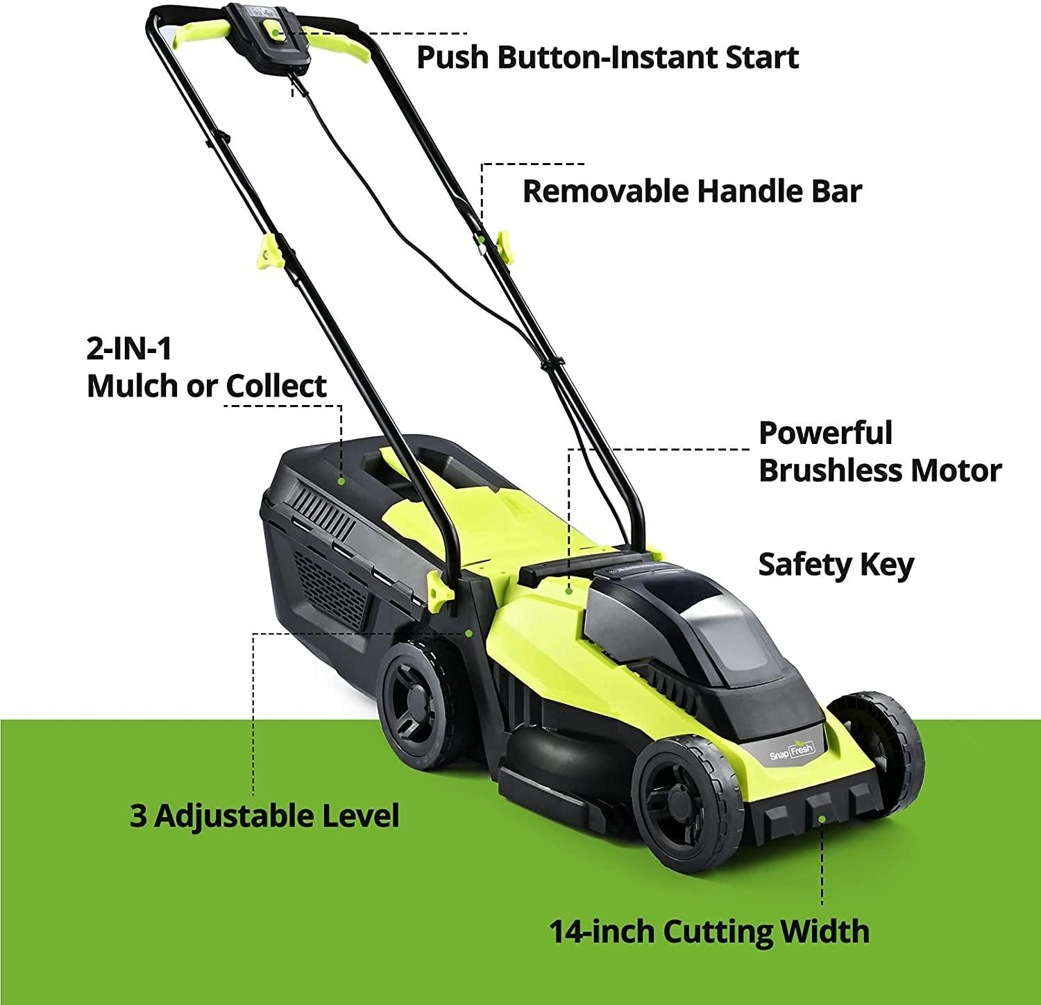 SnapFresh Cordless Lawn Mower, 14 Inch Electric Lawn Mower with Brushless Motor, 20v 4.0ah Battery and Charger, with 2-in-1 Grass Bag, Push Lawn Mower