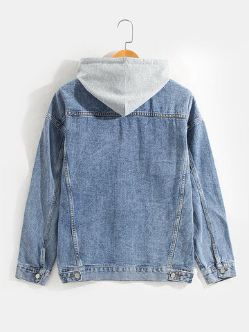 mens cotton button front outdoor stylish detachable hooded denim jacket with pocket