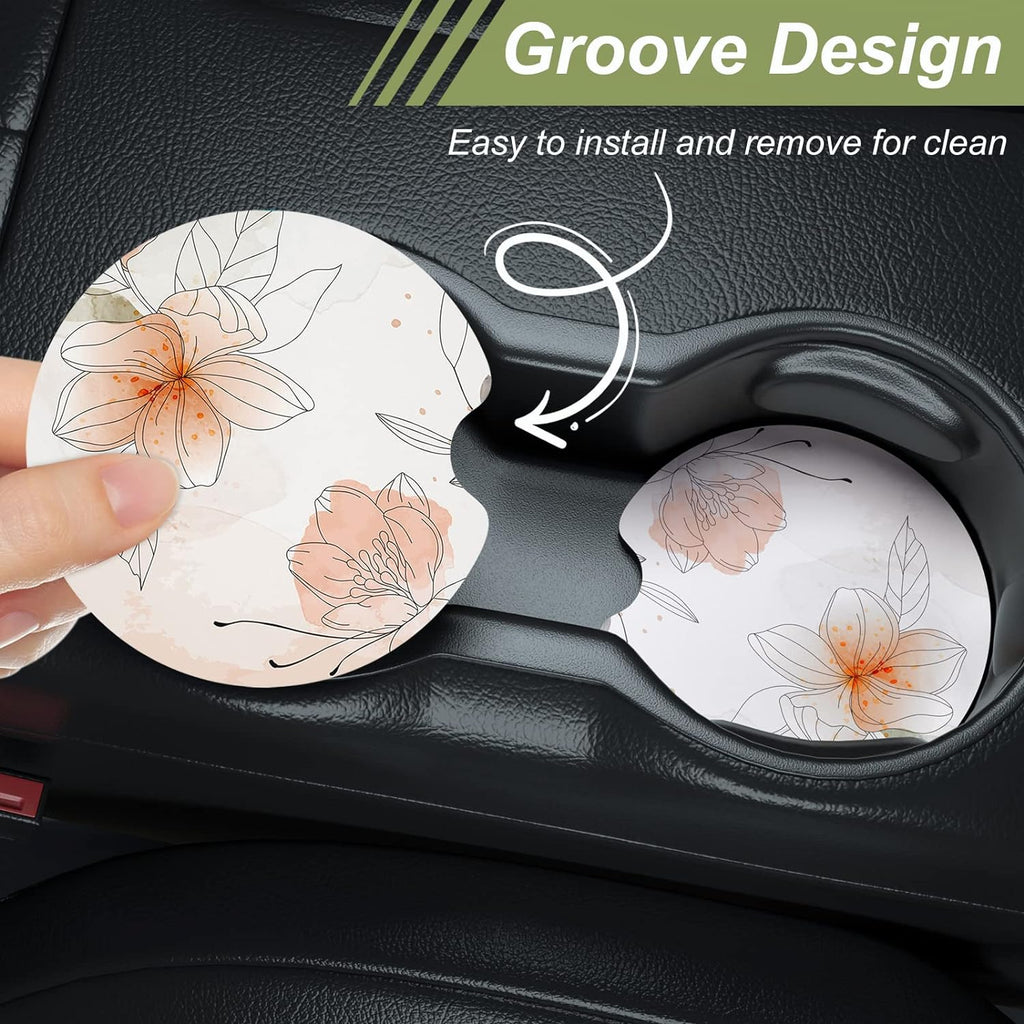 Nipichsha Car Cup Holder Coasters, Car Coasters for Cup Holders, 2 Pack Universal Anti Slip Insert Coasters, Rubber Car Cup Mat with A Finger Notch, Cute Car Interior Accessories for Women (Gardenia)