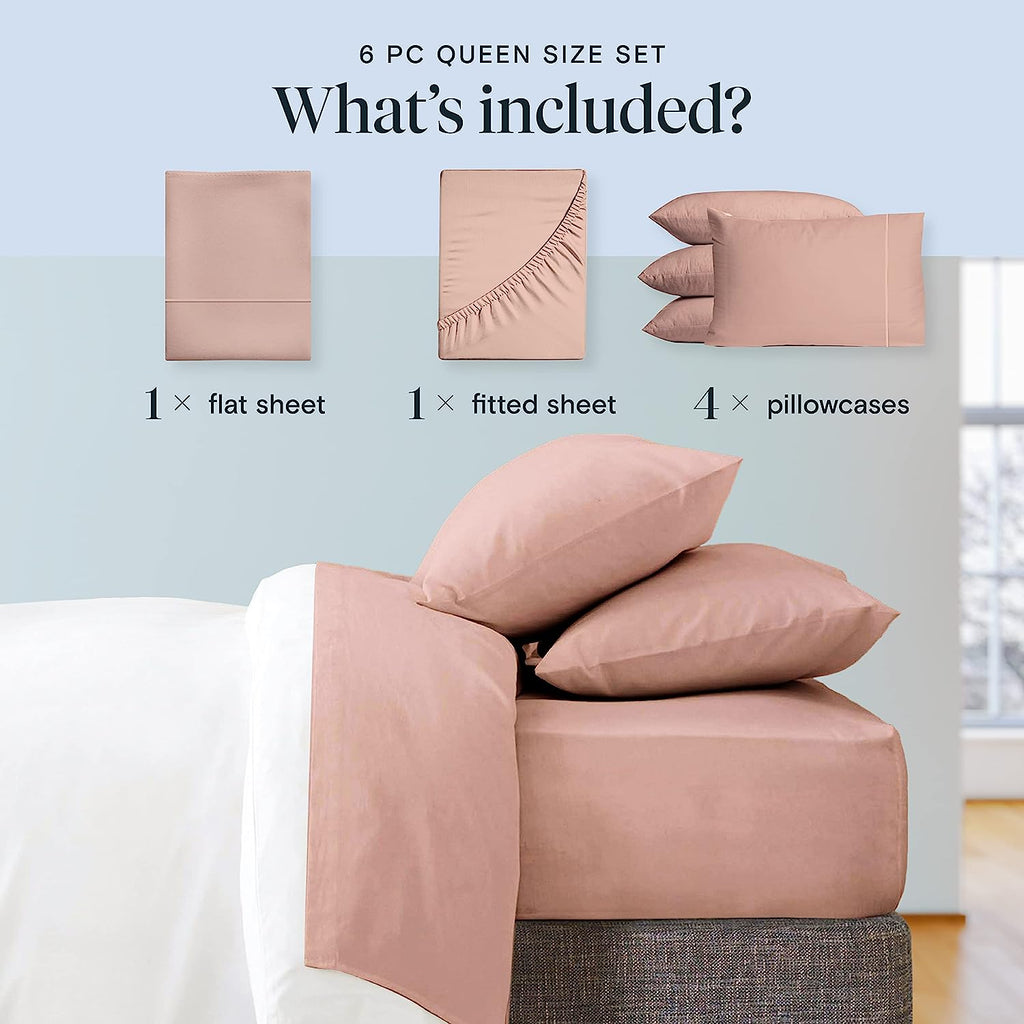 LuxClub 6 PC Full Size Sheet Set Bamboo Sheets Deep Pockets 18" Eco Friendly Wrinkle Free Cooling Sheets Machine Washable Hotel Bedding Silky Soft - Pearl Pink Full