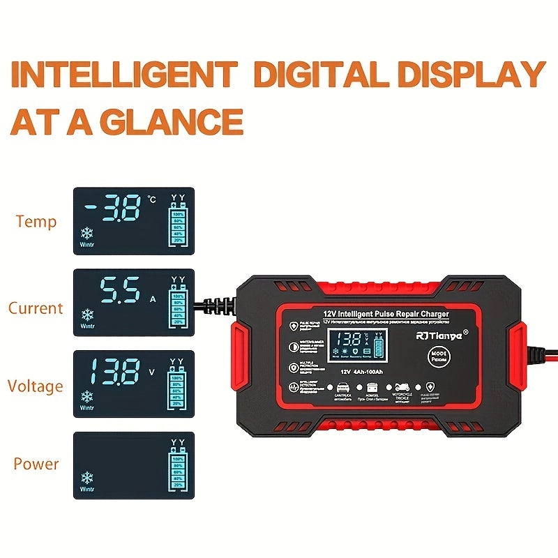 Car Battery Charger, 12V 4Ah-100Ah Smart Battery Trickle Charger Automotive Battery Maintainer Desulfator With Temperature Compensation