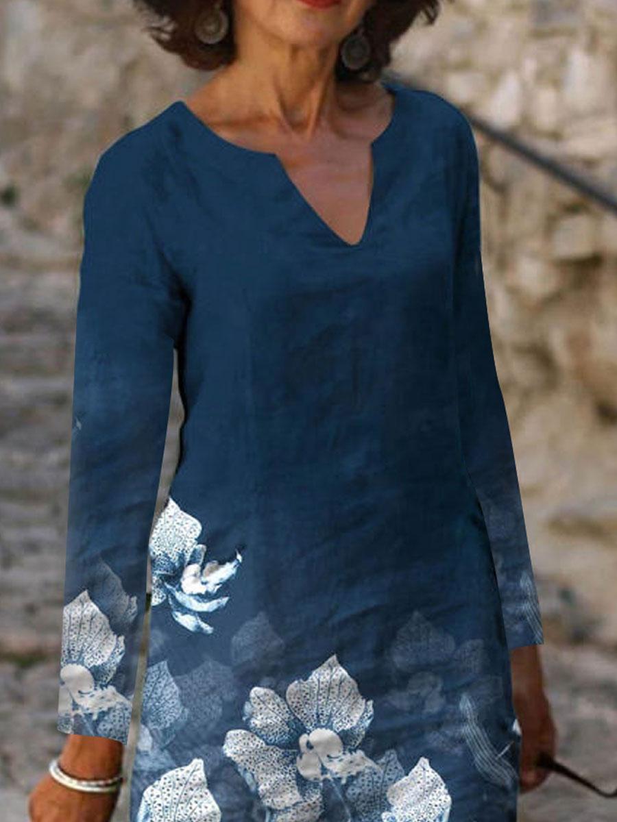 V-neck Floral Print Casual Loose Shift Dress