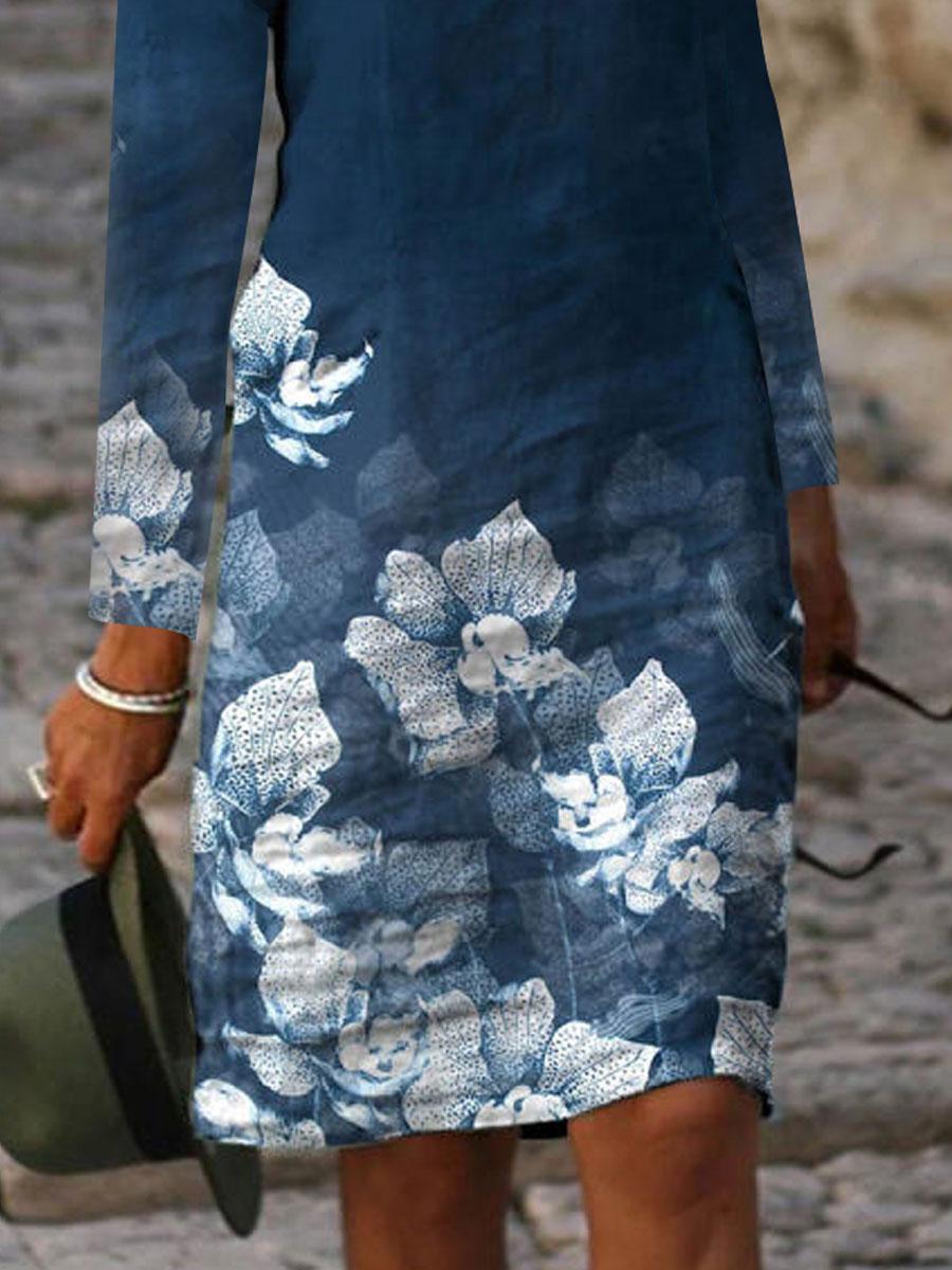 V-neck Floral Print Casual Loose Shift Dress