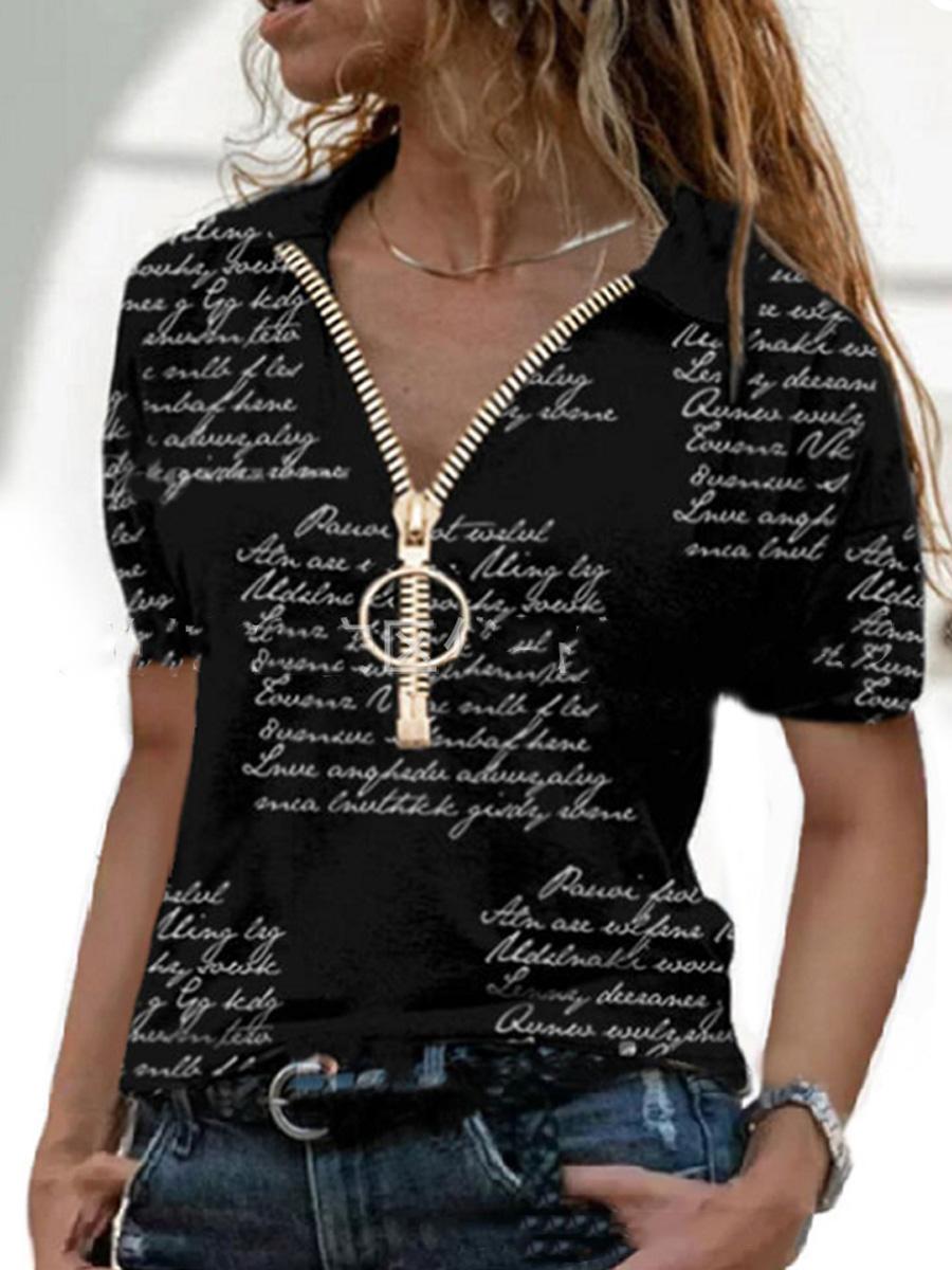 Casual Printed Zipper Short-Sleeved T-Shirt