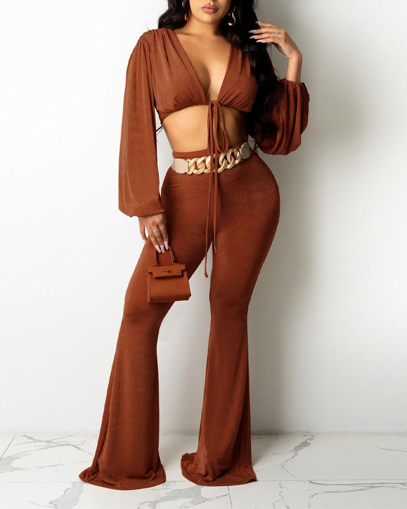 Lantern Sleeve Tie Front Crop Top &amp; Flare Leg Pants Set