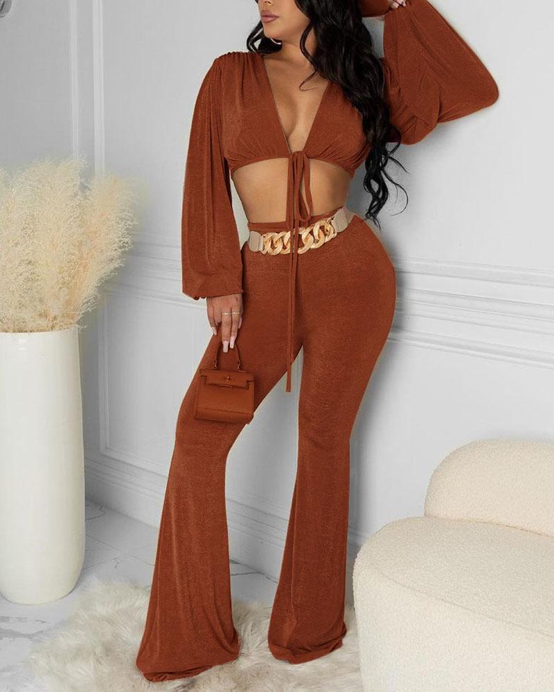 Lantern Sleeve Tie Front Crop Top &amp; Flare Leg Pants Set