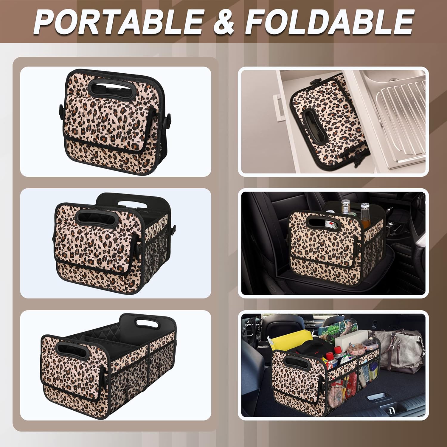Car Trunk Organzier for suv,Car Organziers and Storage with 6 Big Pocket,Car Accessories for Women/Men 70L Waterproof Polyester Trunk Organzier for Car/SUV/Minivan/Truck(Large, Leopard print)